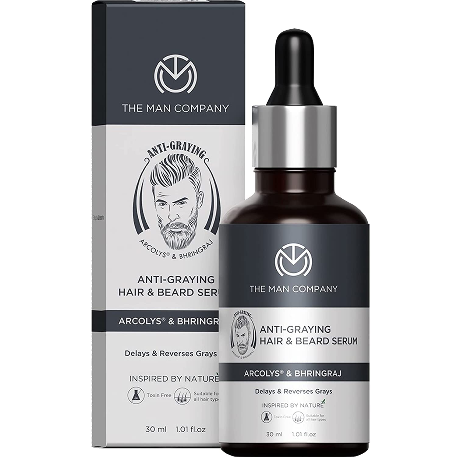 The Man Anti-Graying Hair & Beard Serum for Men Enriched with Bhringraj, Arcolys, & Shikakai | Hair Shine & Nourishment | Delay & Reverses Grays | Strengthen Hair & Beard Roots | Toxin Free | For All Hair Type -30ml, 1.01 Fl Oz