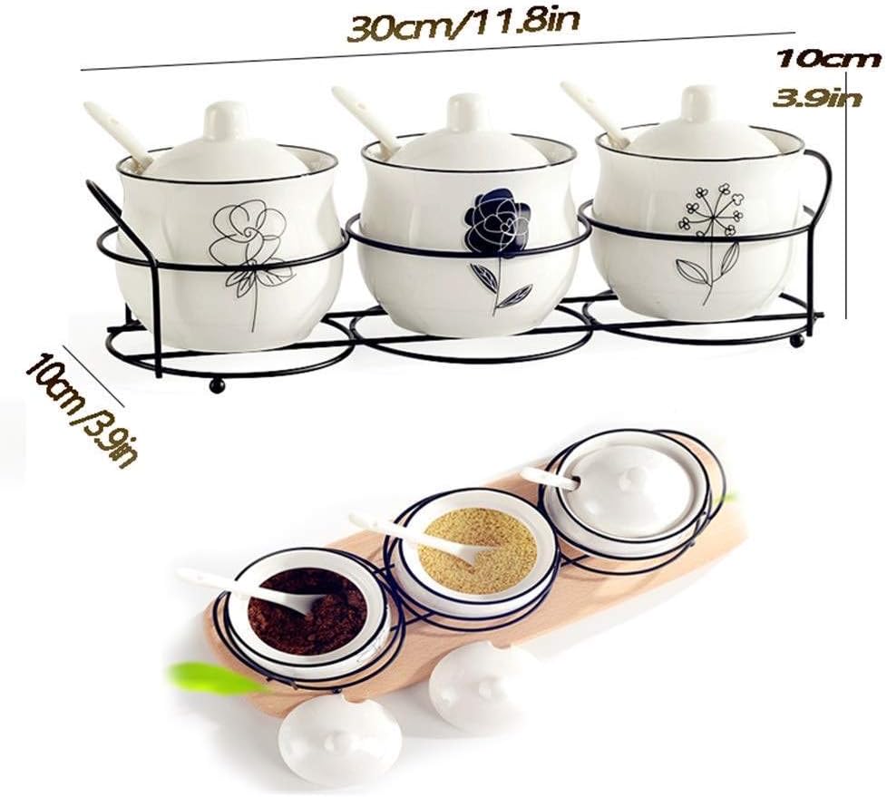 Spice Container Set of 3 White Ceramic Condiment Jar Kitchen Seasoning Box with Iron Shelf and Lid, Spoons for Sugar Salt Pepper, Coffee andTea Herbal Herb