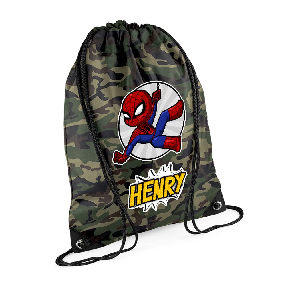 Superhero Bag, Personalised Backpack, Gift For Kids, Boy, Cartton Character Bag, Birthday, Christmas Drawstring Bag, PE Gym Kit Swimming, Sport Rucksack. (Jungle Camo)