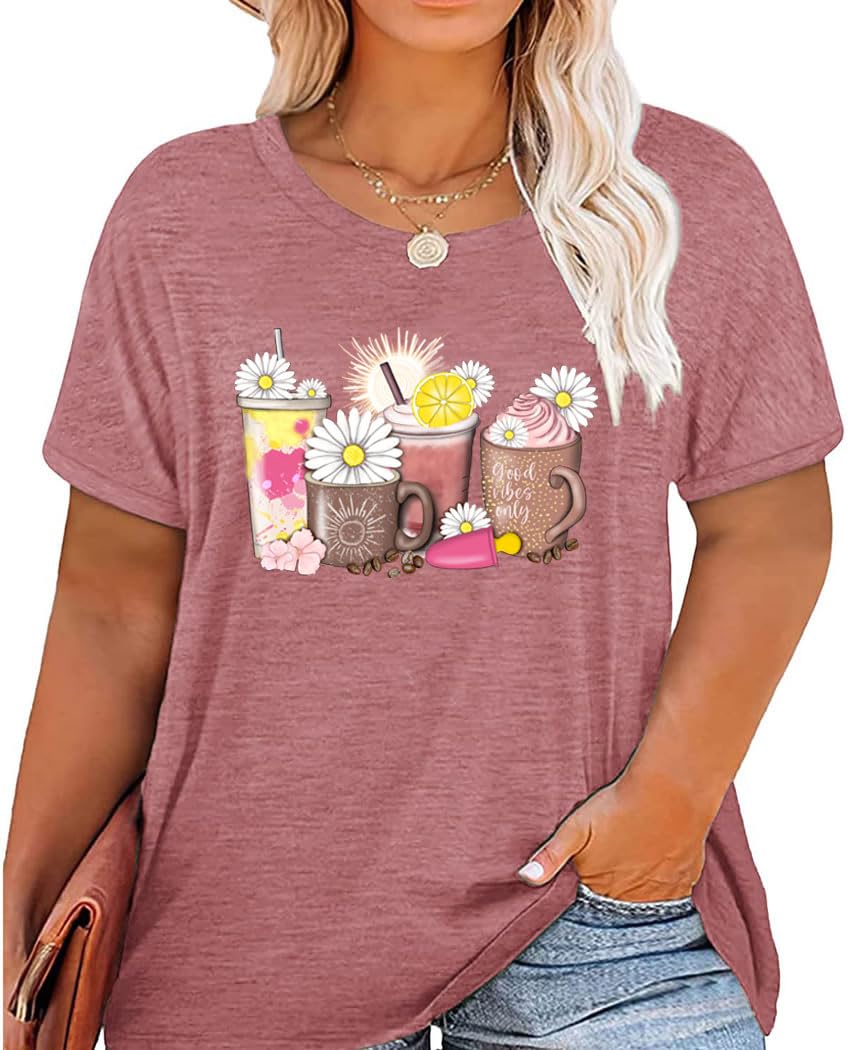 GeLivable Plus Size Coffee Sunflowers Graphic Printed Shirt Women Short Sleeve Summer O-Neck Casual Tunics Top Tshirt