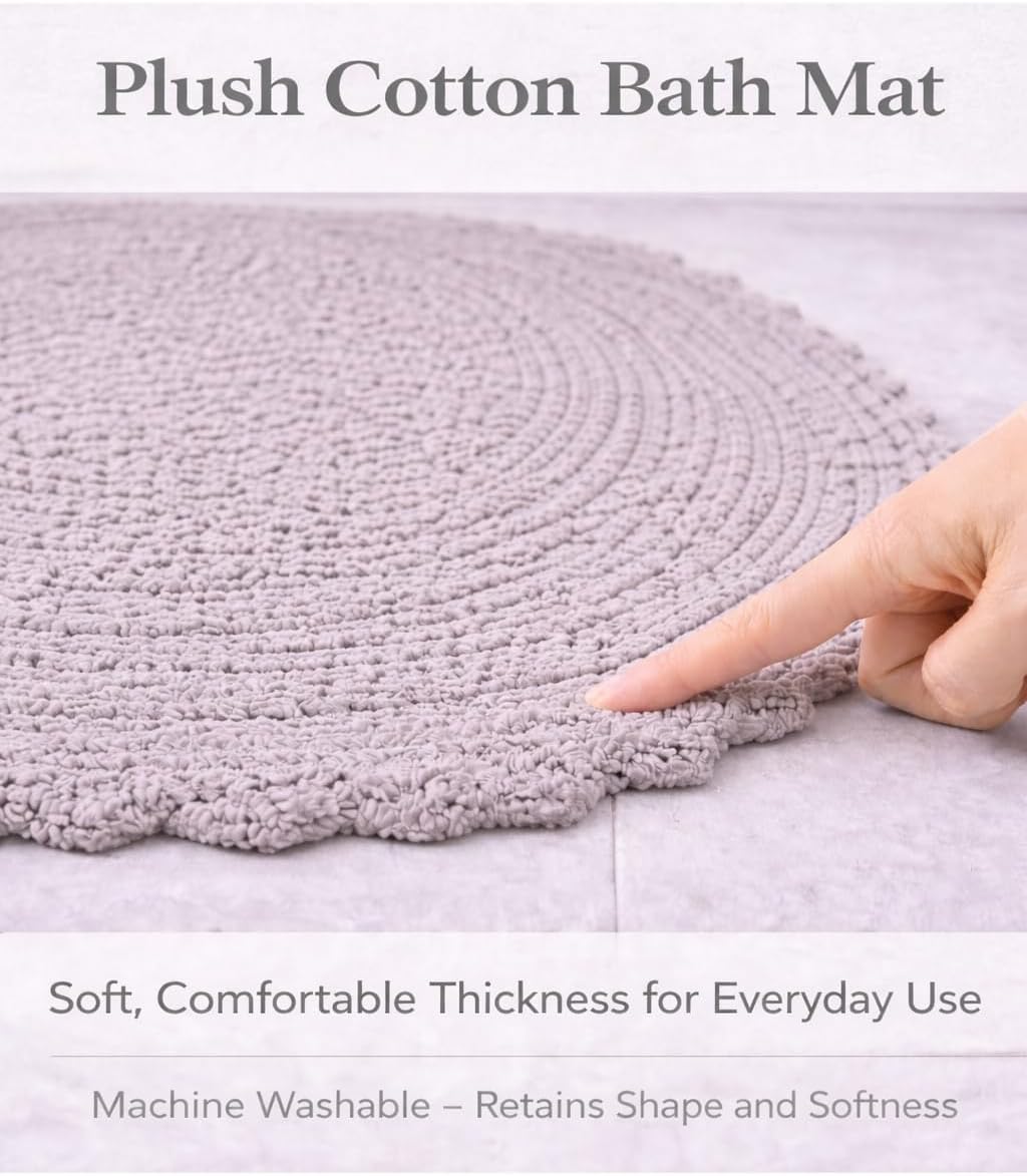 Royal Blaze Grey Crochet Bath Mat 100% Cotton Reversible Washable Plush Bathroom Rug, Small Oval 18"X26" Bath Rug