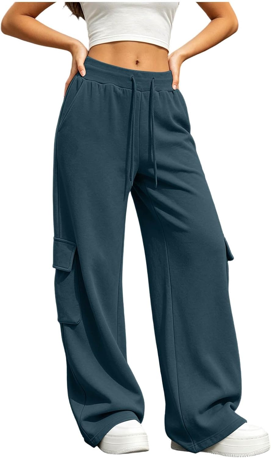 Cargo Sweatpants for Women Fashion Casual Wide Leg High Waisted Drawstring Baggy Joggers Pants with Pockets