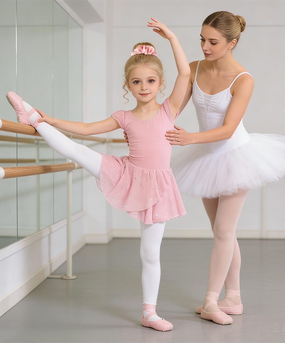 Justaucorps Danse Fille, Ensemble Ballet avec Tutu à Paillettes, Chouchou & Collants Blancs, Tenue Danse Classique Enfant pour Cours de Ballet 4–9 Ans