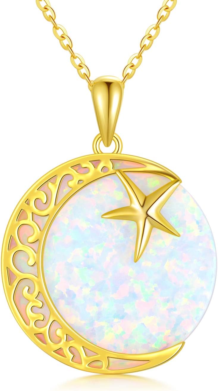Blocaci14K Yellow Gold Opal Pendant Necklaces for Women Moon Star Necklaces Birthday Anniversary Valentine's Day Gold Jewelry for Women Girls,16''-18''