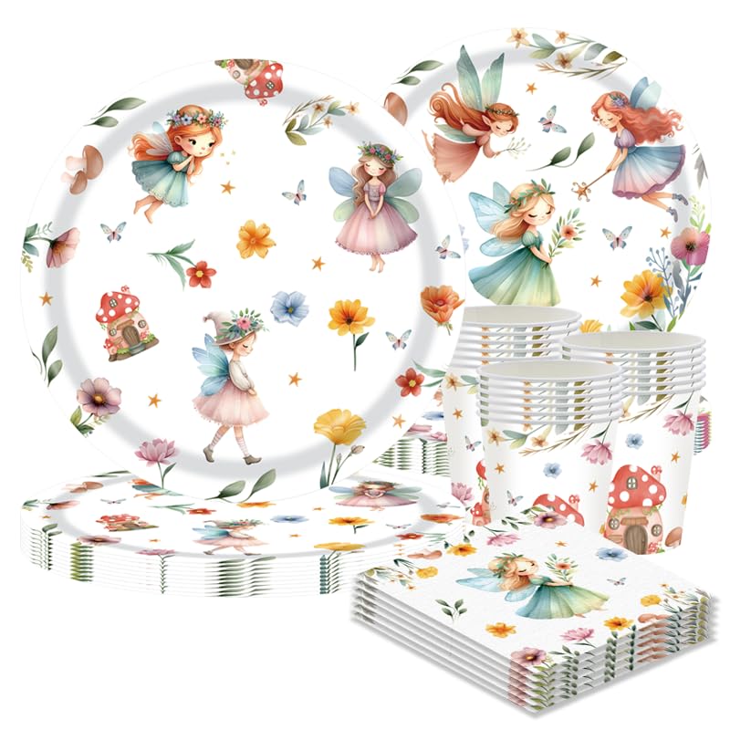 Fee Schmetterling Partygeschirr Set für 10 Gäste –50 Teile Pappteller 9"/7", Tassen, Servietten – Feen Geburtstag Deko Mädchen Schmetterlingsparty Elfen Mottoparty Wald Fee Party Set
