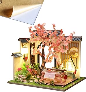 4 Sets of Chinese Art Cottage Models 3D Wooden Miniature Doll House Kits Classical Architecture DIY Birthday Prensent (Zither Room with Dust Cover)