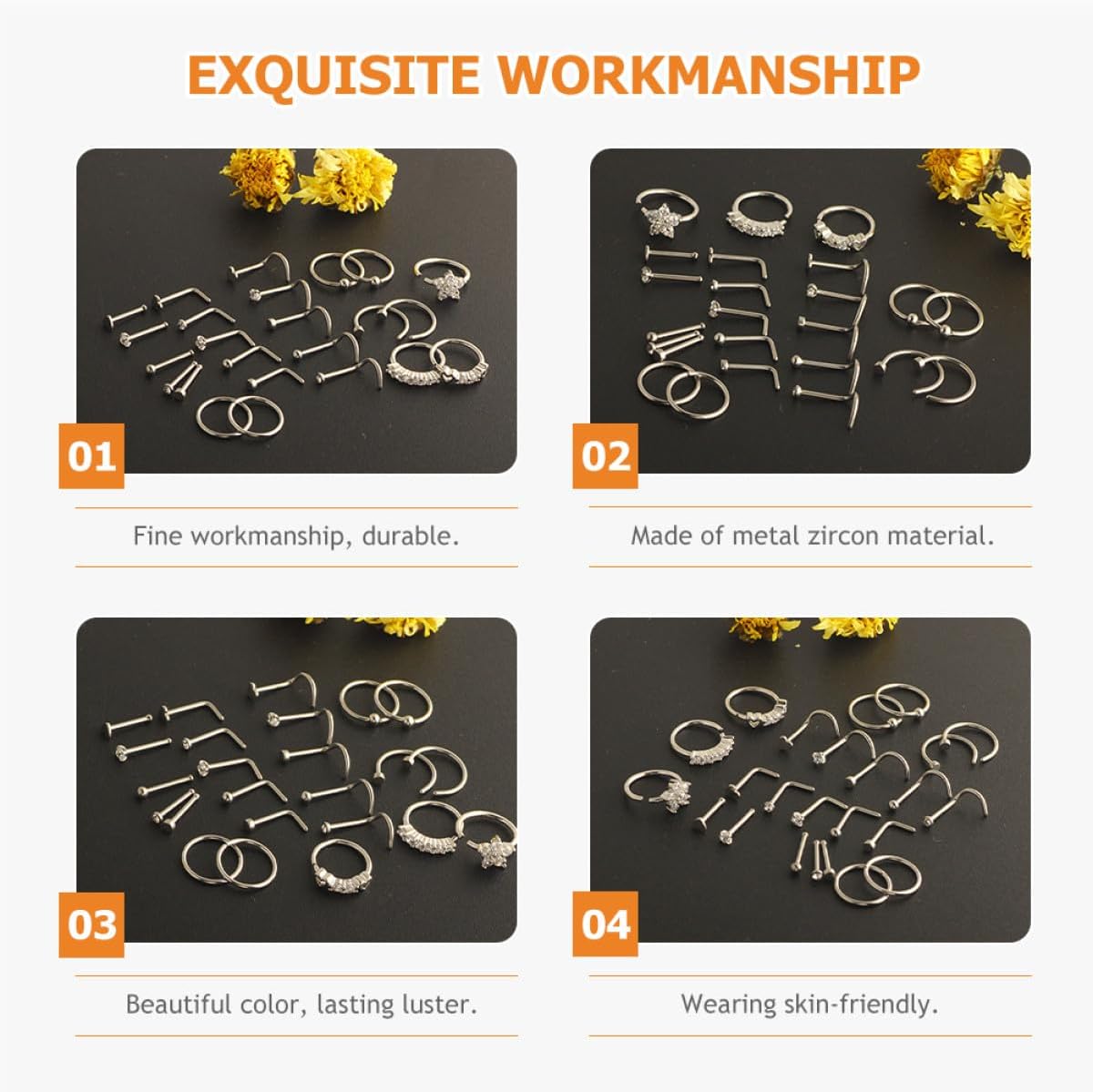 24pcs Stainless Steel Nose Rings and Zircon Nose Piercing Studs Set for Women and Men Body Jewelry Piercing Accessories
