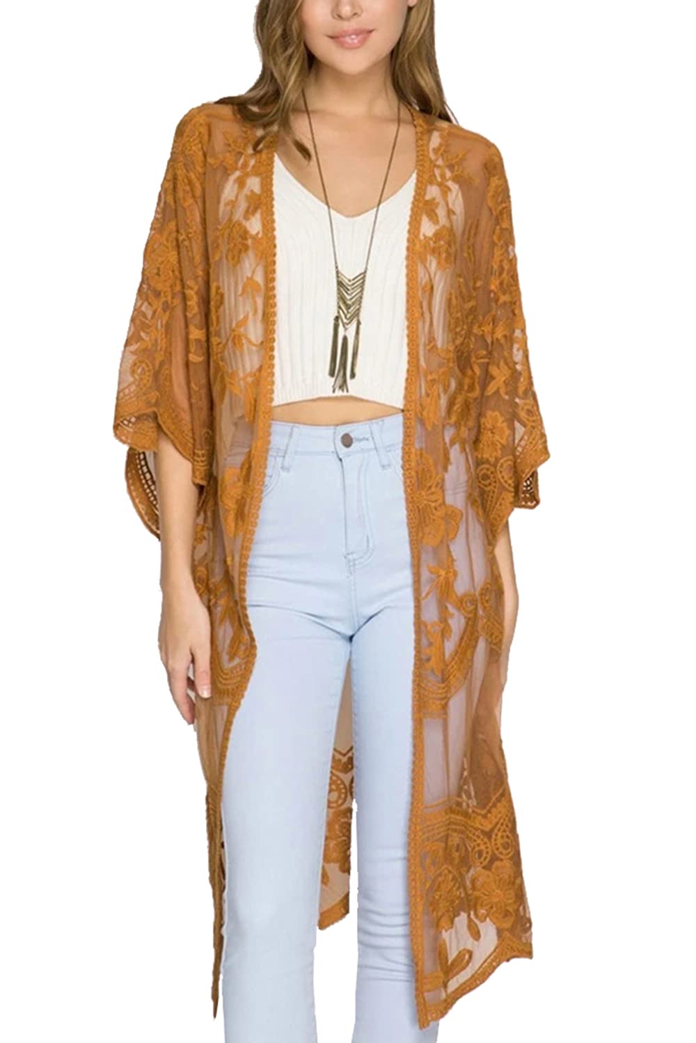 YouKD Cárdigan largo de encaje para mujer, estilo vestido o kimono, para llevarlo a la playa con el bañador debajo