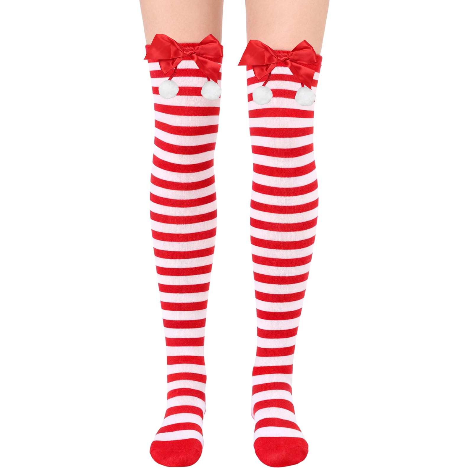 FACHOI Christmas Thigh High Socks, Women Striped Knee High Socks, Long Over Knee Stockings with Bows for Xmas Fancy Dress Costume Cosplay Accessories F6-HDJTWW (Red White)