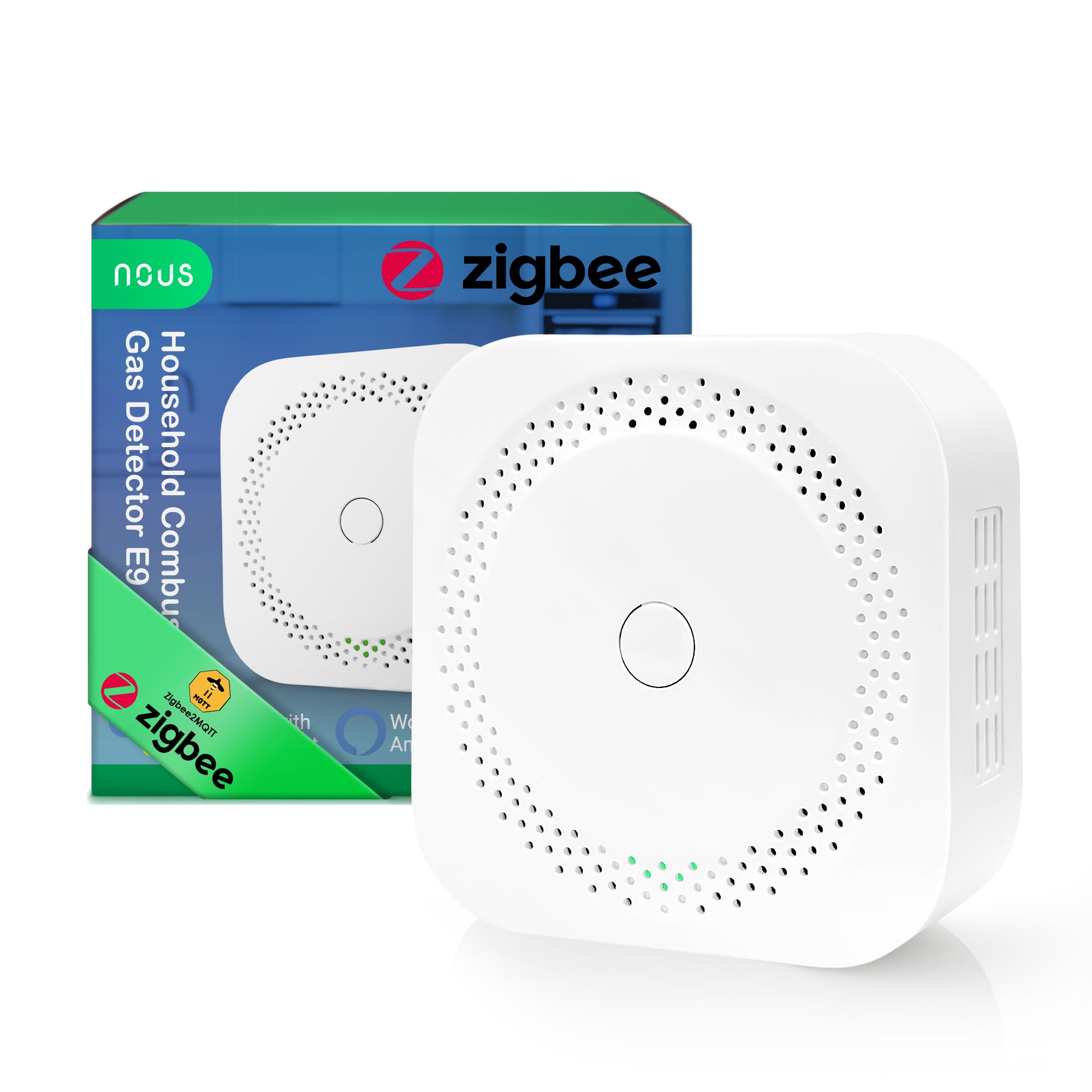 Détecteur de Gaz ZigBee NOUS E9 pour Gaz Inflammables, Alerte 85 DB, Contrôle Via App & Voix, Compatible avec Alexa, Google Assistant, Home Assistant, Tuya, Hub ZigBee Requis