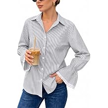 Women Striped Button Down Shirt Long Bell Sleeve Lace Trim Casual Blouse
