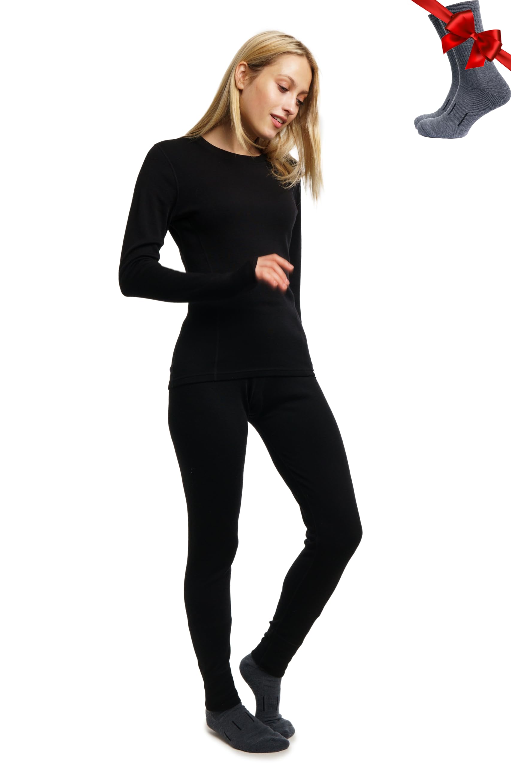 Merino Wool Base Layer Women - 100% Merino Wool Midweight Long Sleeve Thermal Shirt, Thermal Bottom and Socks (Large, 250 Black)