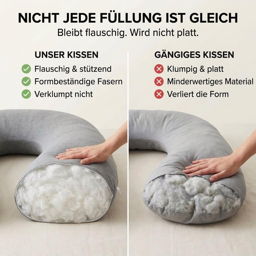 SMOOTHY XXL Schwangerschaftskissen Seitenschläferkissen U-Form 150x80 cm 100% Baumwolle Grau
