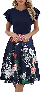 Women's Semi-Formal Ruffle Sleeves V-Back Work Fit and Flare Cocktail Knee Length Dress with Pockets 842