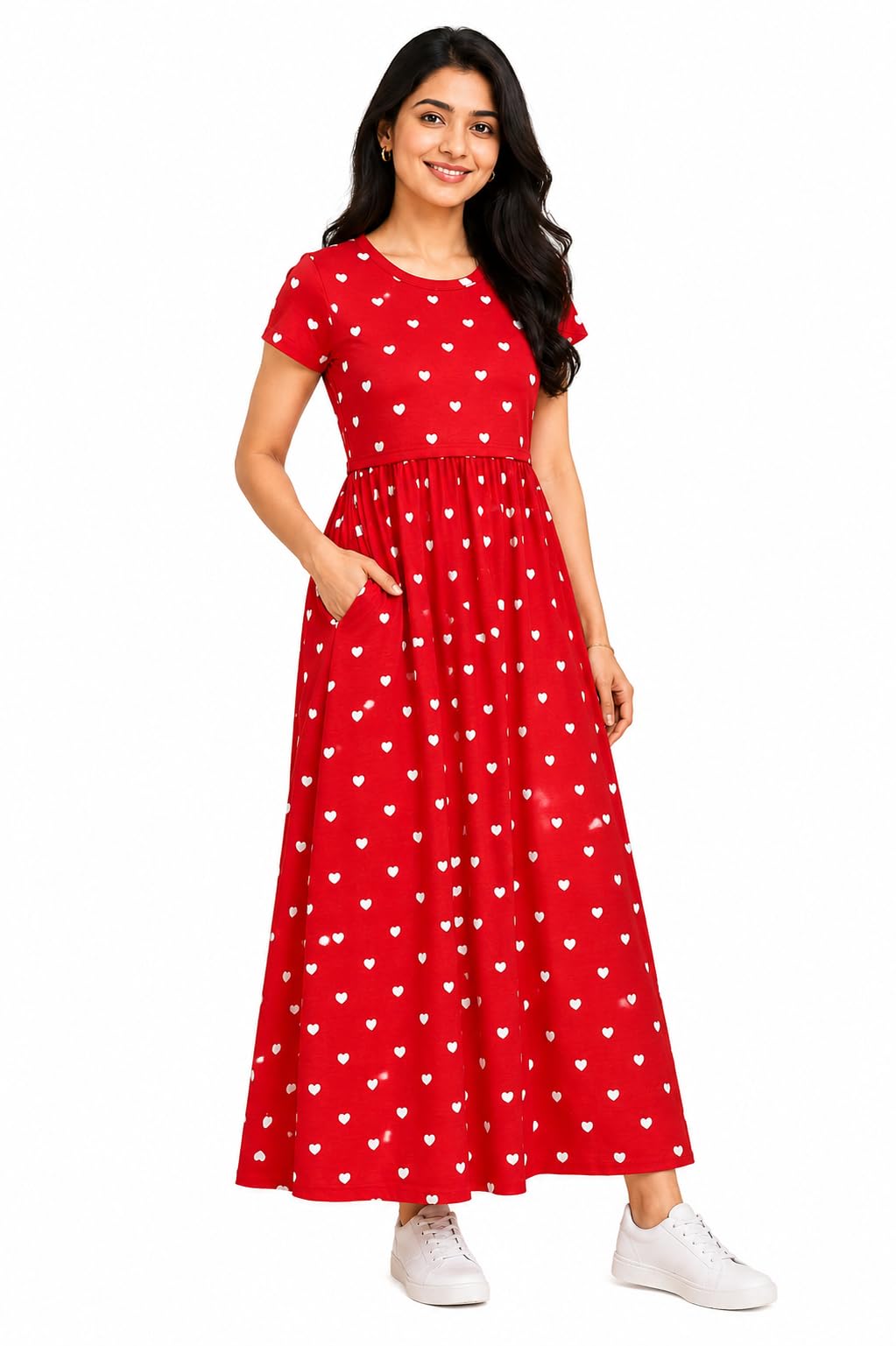Women's Small Heart Print Maternity Maxi Dress | Concealed Pull-Up Feeding Access | Deep Side Pockets & Adjustable Back Drawstring Gown-picture-32