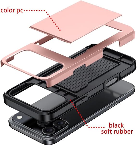 Ultra-Thin Shockproof Hard Back ID Cards Slot Silicone Case Dual Layer Defender Credit Card Holder Case Cover Compatible with iPhone 17 (Red)