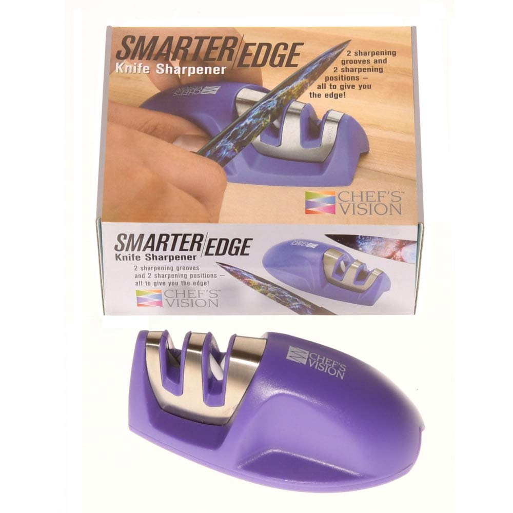 Smarter Edge Kitchen Knife Sharpener by Chef's Vision - Purple V-Shape 2 Stage Sharpener - Blade Sharpeners Tool - Colored Compact Knives Sharpener - Chef Knife Sharpening