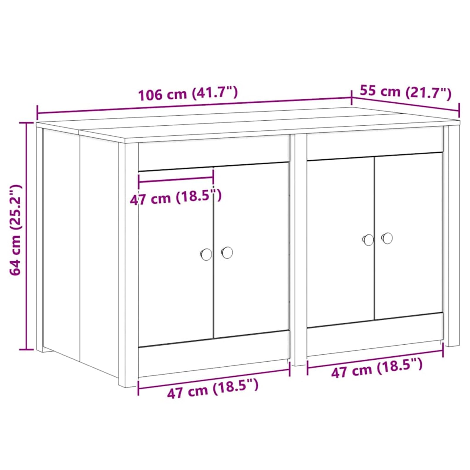 Mobile da cucina con scaffale, bianco, 106 x 55 x 64 cm, in pino massiccio, 4 ante e 4 ripiani a pavimento, adatto per interni