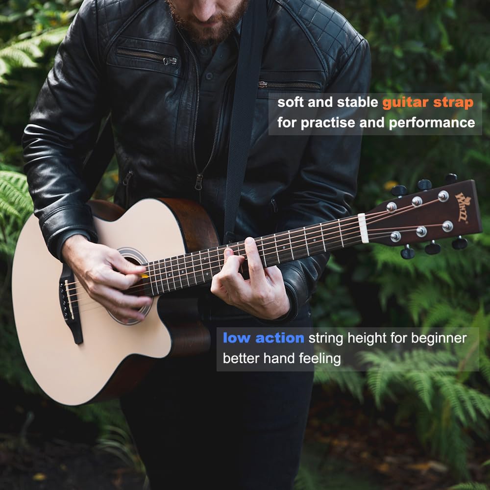 Winzz Guitare Acoustique Natürlich, Guitare Western 40 pouces, Guitare Débutant Set Avec Pied de Guitare, Médiator Guitare, Sangle Guitare, Accordeur Guitare, Housse Guitare
