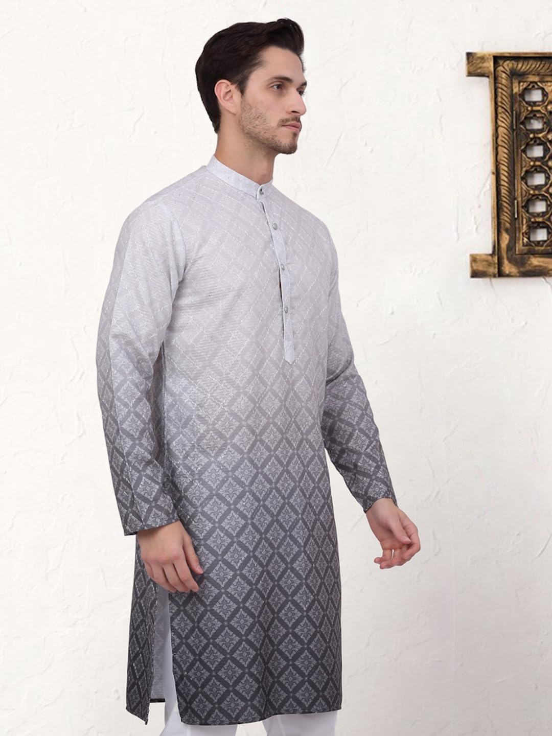 Jompers Men's Grey Ombre Pure Cotton Straight Kurta (Grey, S)