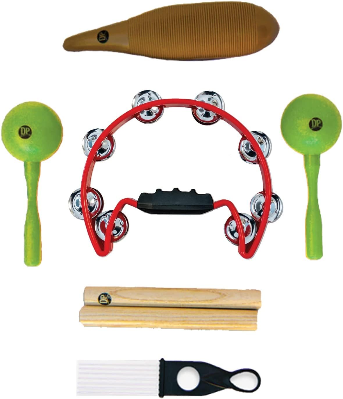 DP Music Percussion Kit with Carrying Bag - Parranda Kit Include: Claves, Plastic Güiro, Maracas Color: Green, Tambourine Color Red