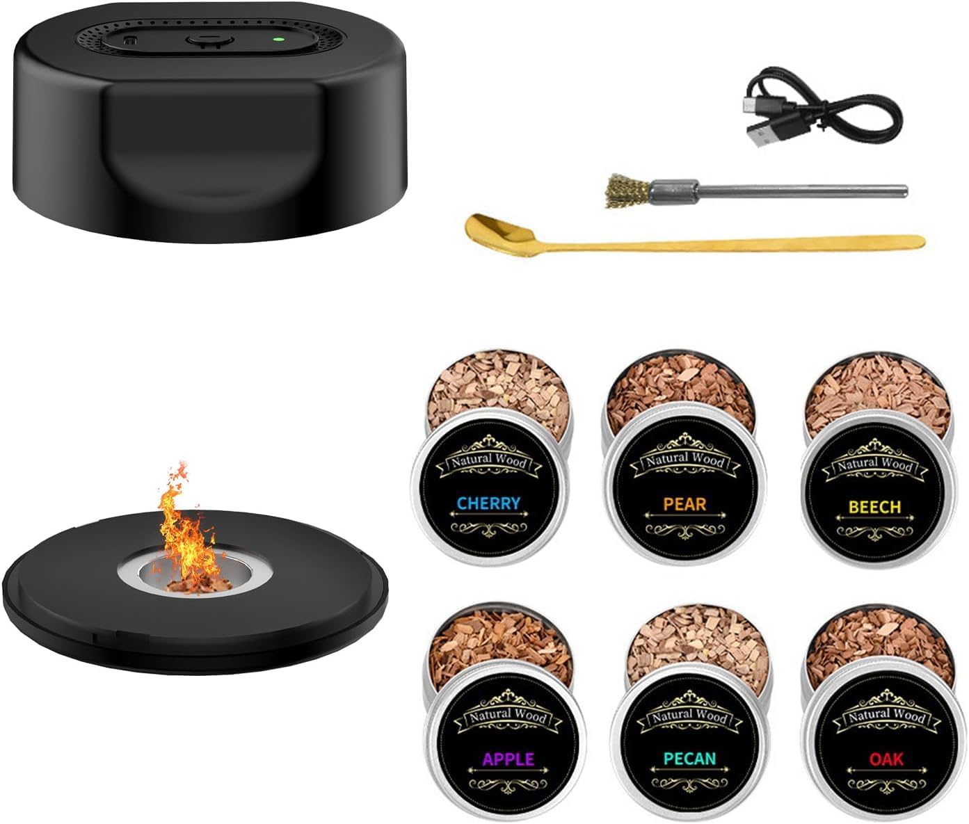 QUMOX Kit Ahumador para Cócteles con 6 Sabores de Virutas de Madera – KZ-31 Ahumador para Whisky Recargable USB-C, Apagado Automático, Sin Butano, Idea de Regalo para Amantes de los Cócteles