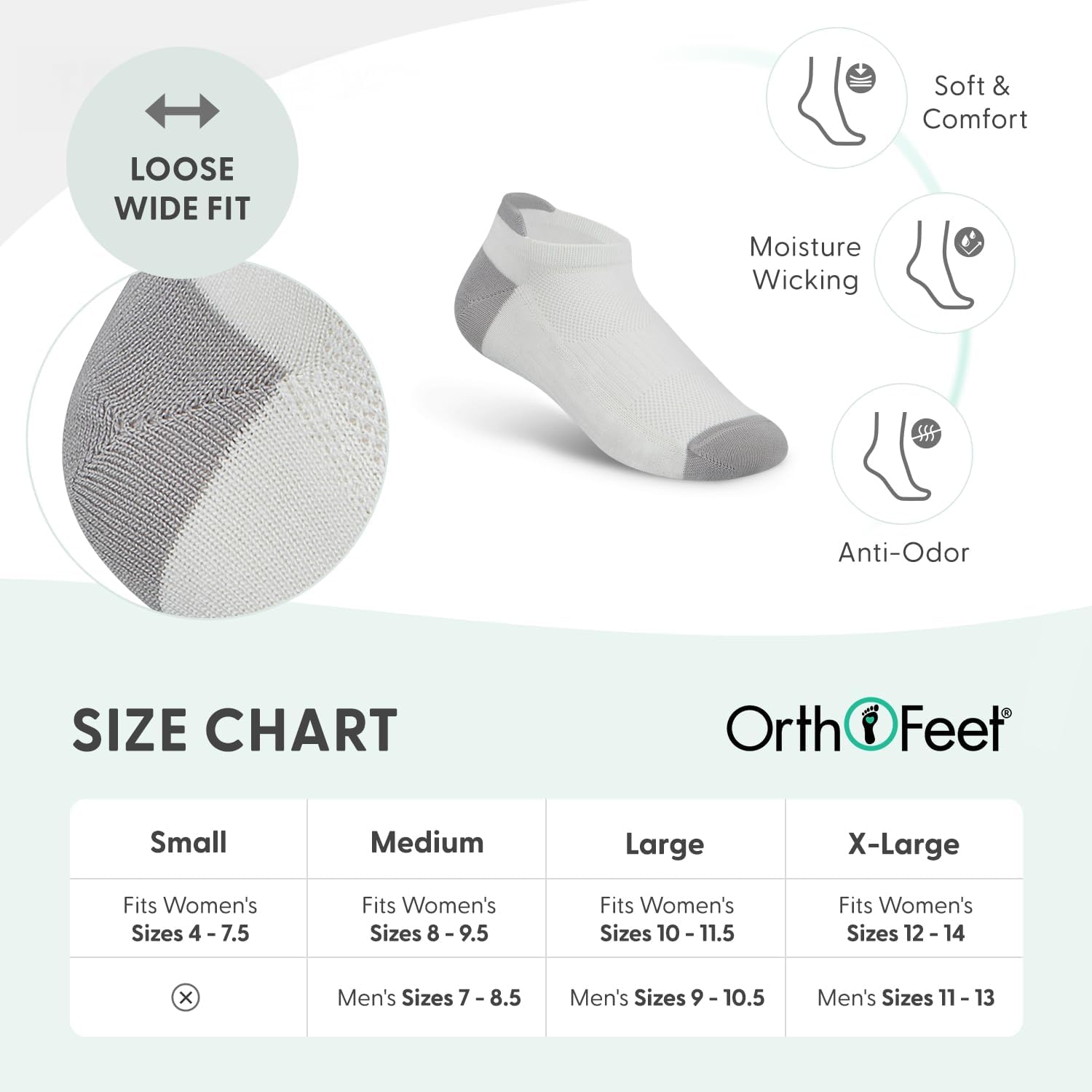 Orthofeet Low Cut Non-Binding Non-Constrictive Circulation Seam Free White Socks, 3 Pack