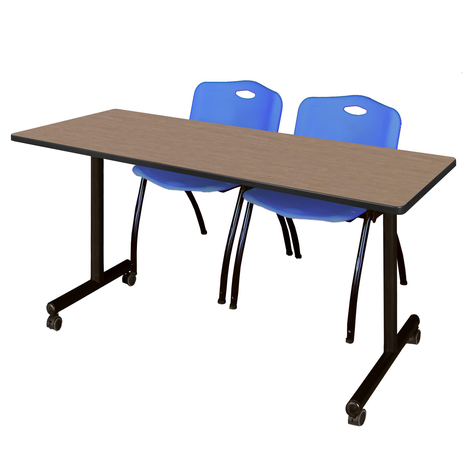 Romig Axis-Pro 60 x 24 in. Mobile T-Base Training Table- Noble Oak, 2 M Stack Chairs- Blue