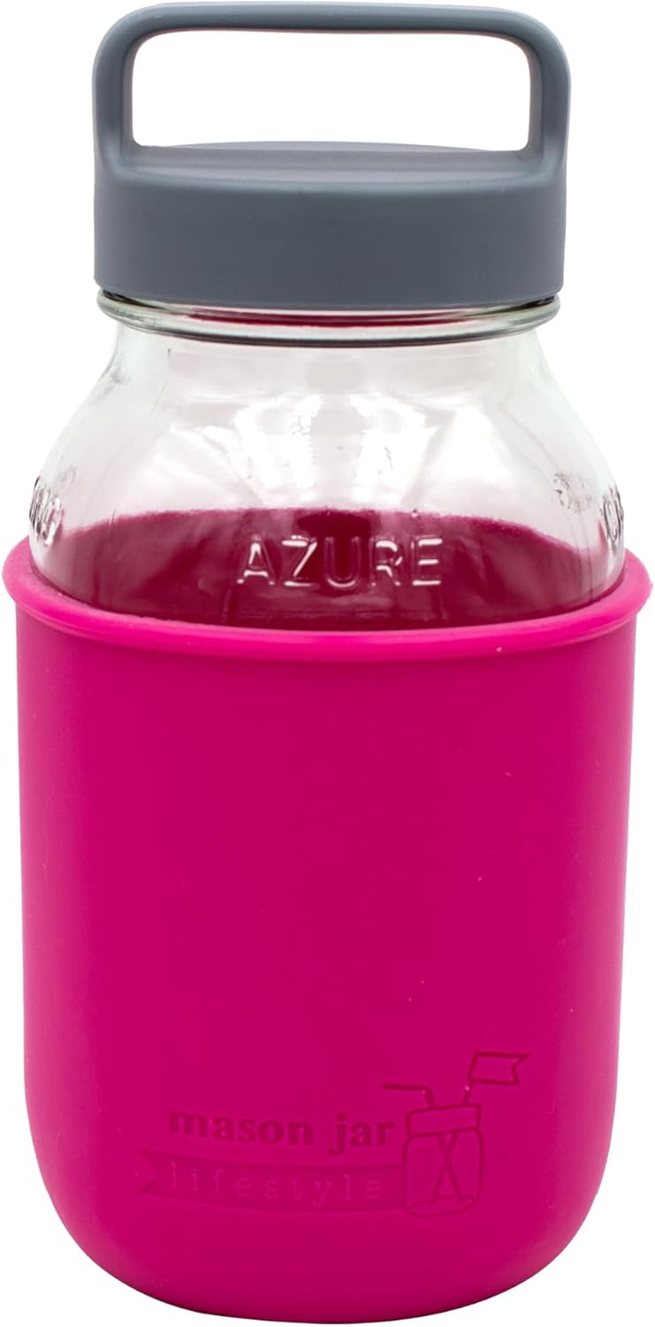 Regular Mouth Mason Jar Water Bottle Set - 32oz Azure Glass Jar with Silicone Sleeve and Gray Plastic Handle/Canister Lid (Leaf Green)