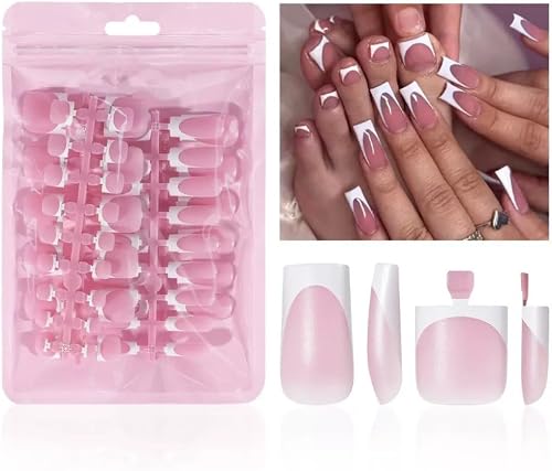 White French Tip Press on Nails Set, 60 Pieces Square Medium False Nails with Toenails, Full Cover Stick on Nails for Women Manicure Kit