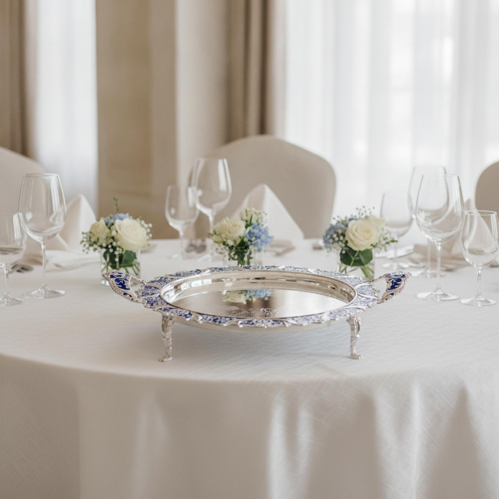 Bandeja con Borde Repujado Elegante | Diseño Vintage Elegante, Bandeja Aleación Zinc, Brillante, para Bo, Hoteles, Plata