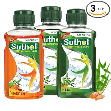 BOROLINE's Suthol Active Neem 200 ml X 2 + Active Chandan 200 ml, Stops Skin Irritations, Prickly Heat, Itching, Rashes, With Neem, Turmeric, Marigold & Aloe vera (Pack of 3)