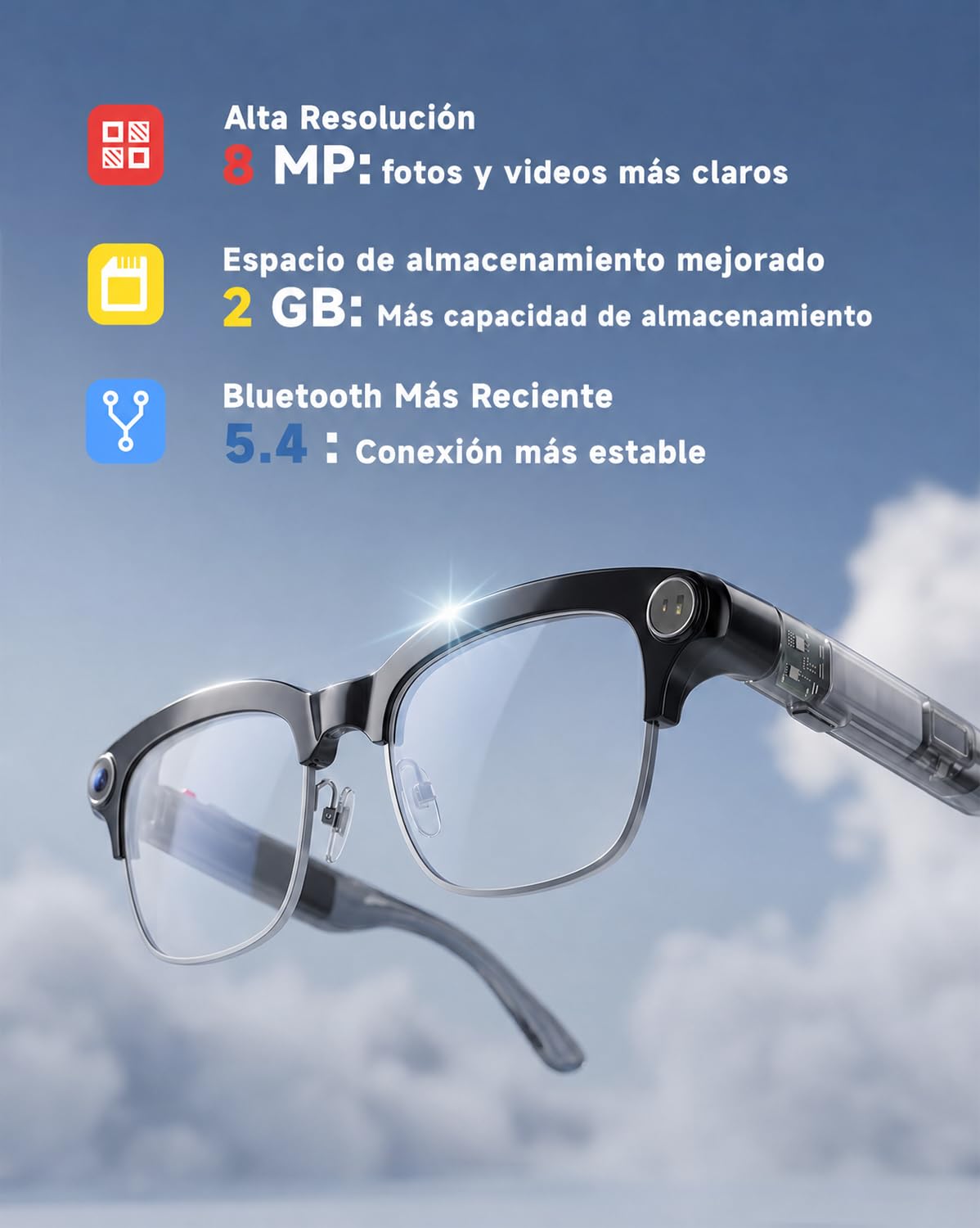 TOOBUR Gafas inteligentes AI con cámara 8MP, video HD 1080P anti-vibración, traducción en tiempo real y asistente de voz, llamadas por Bluetooth y audio de oído abierto para vlogs, viajes y reuniones