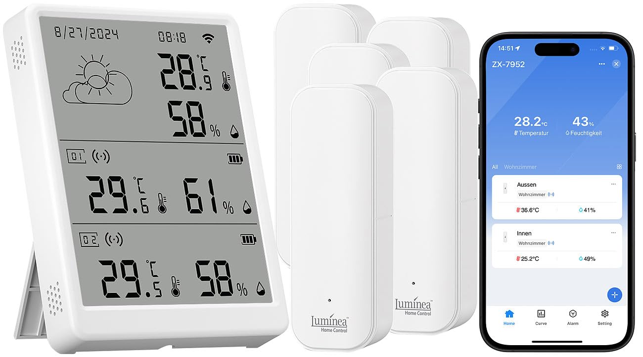Luminea Home Control Datenlogger: WLAN-Temperatur- & Luftfeuchtigkeits-Set mit Display, 5 Sensoren (Thermometer Hygrometer Uhr, WiFi-Hygrometer-Thermometer-Sensor, WC)