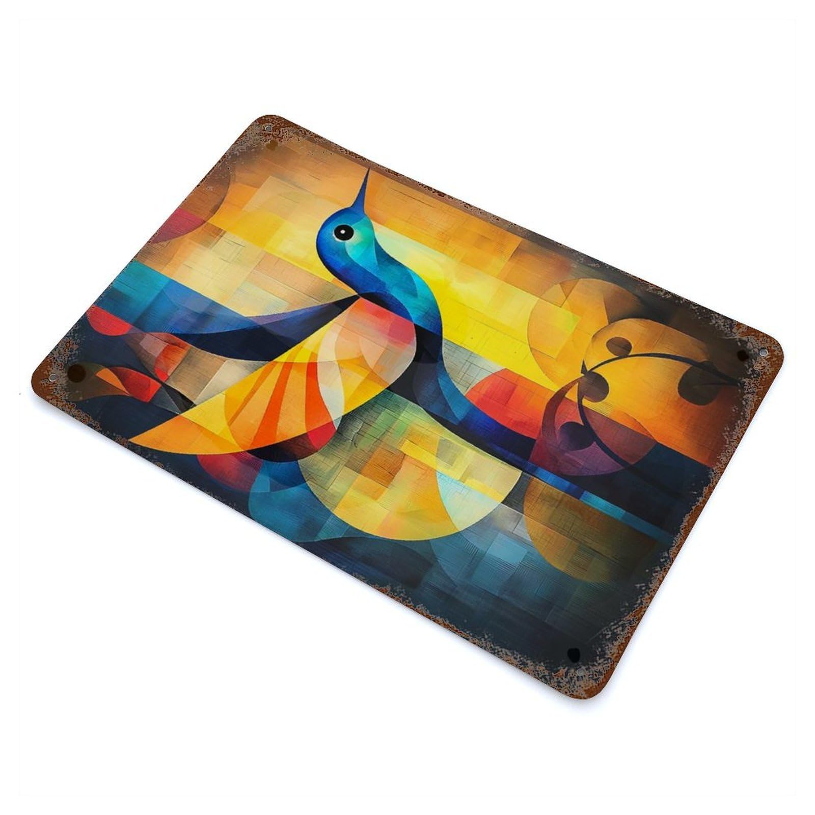 Garage Style Abstract Hummingbird Art - Geometric Bird in Vibrant Colors Rust Effect Tin Sign 11.8"x7.9", Vintage Wall Decor for Bar And Workshop
