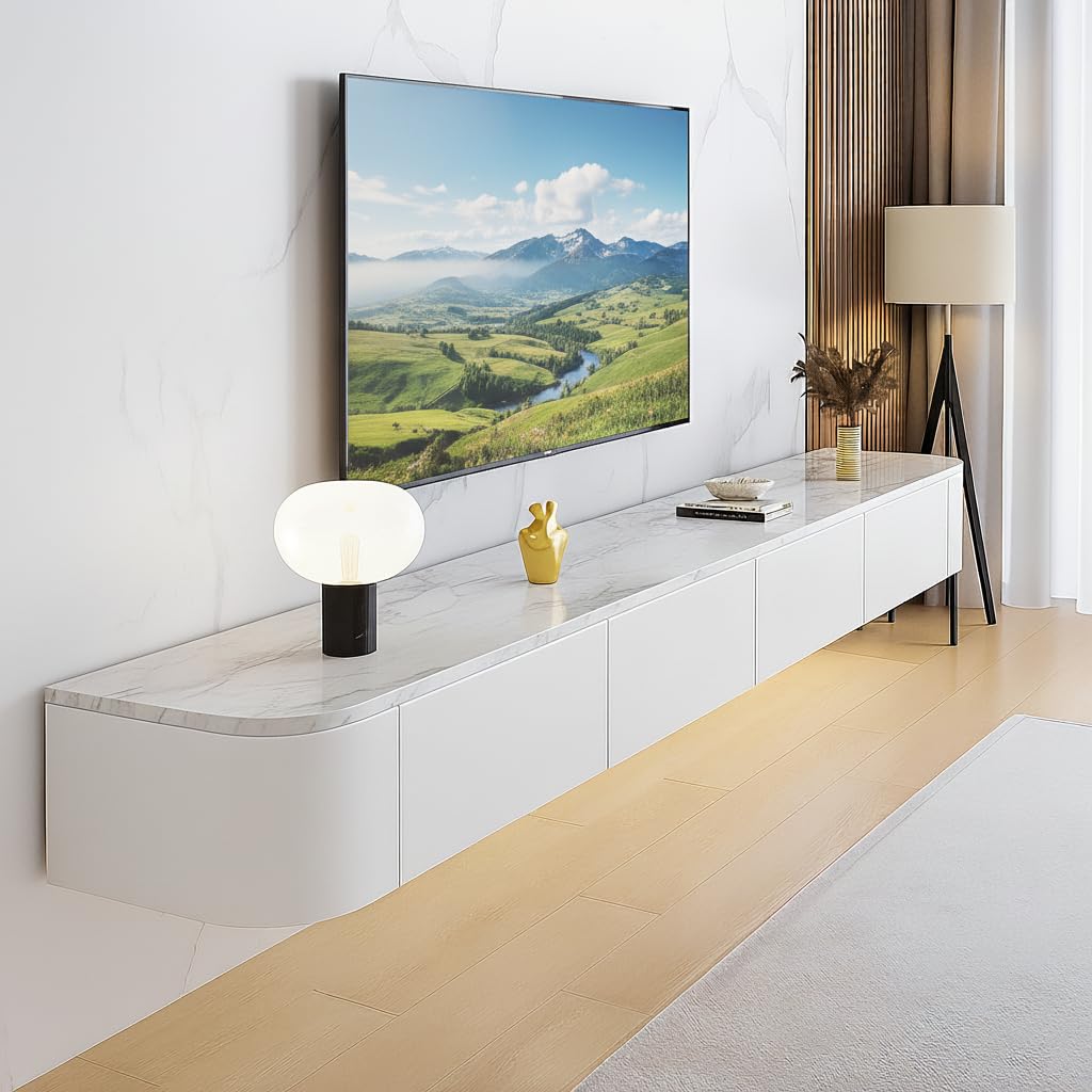 FGNIXLN Floating TV Unit,120-300CM Wall Mounted TV Cabinet, Floating TV Stand with Flip-Down Doors & Drawers, Modern TV Media Console Center Large Storage TV Bench (White texture, 120CM)