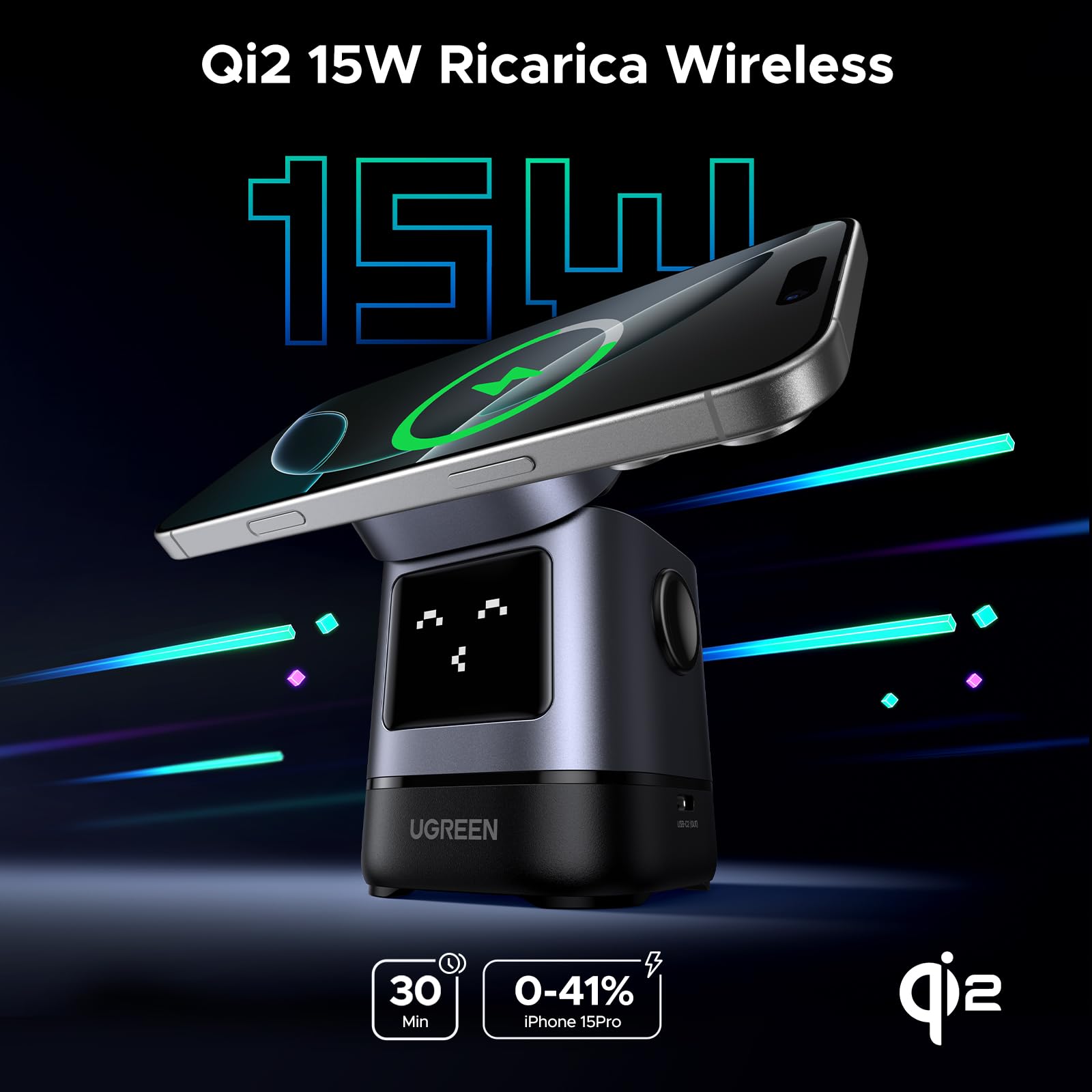 UGREEN UNO Caricatore Magnetico Qi2 15W, Stazione di Ricarica Wireless 2 in 1 per Cuffie Compatibile con iPhone 16/15/14/13/12 Serie, AirPods Pro 2/3