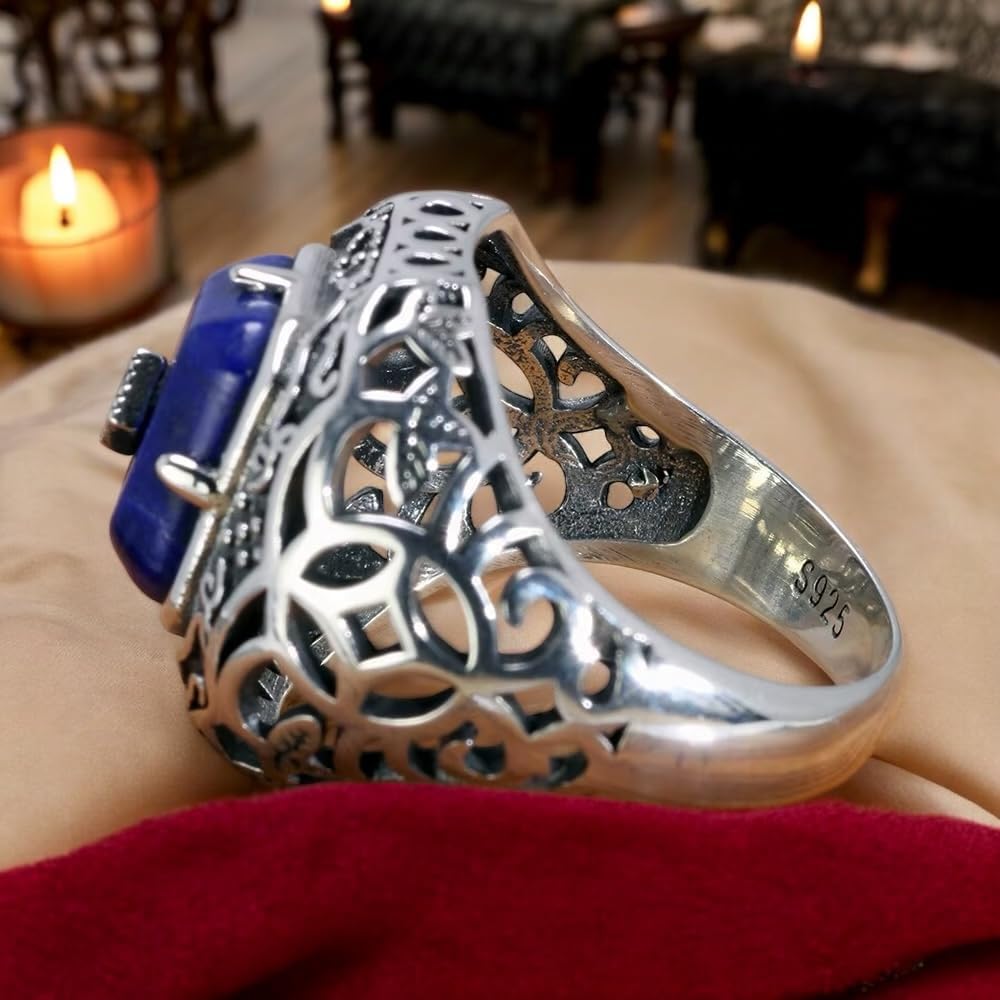PRINCESS CUTENESS STORE Caroline Forbes 925 Sterling Silver Vampire Daywalking Anti-Sunlight Natural Lapis Lazuli Stone Ring