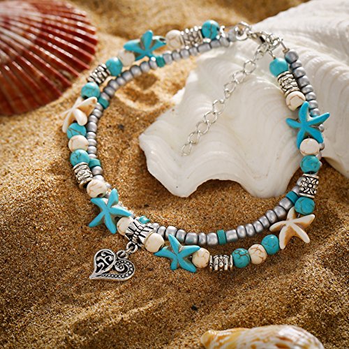 Image of Softones Blue Starfish Turtle Anklet Multilayer Charm Beads Sea Handmade Boho Anklet Foot Jewelry for Women