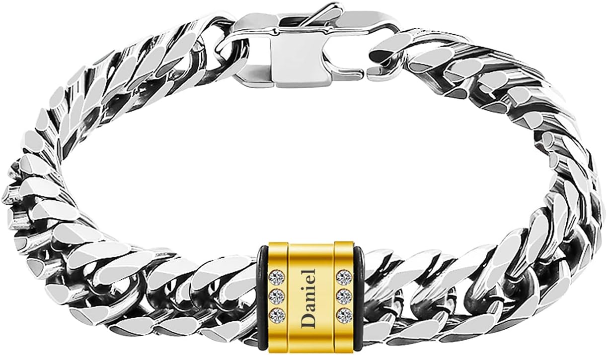 Custom Cuban Link Name Bracelet for Men Personalized Chain Bracelet with 1-6 Beads Hip Hop Jewelry Gift for Boyfriend Dad Husband Son Fathers Day Birthday Valentines