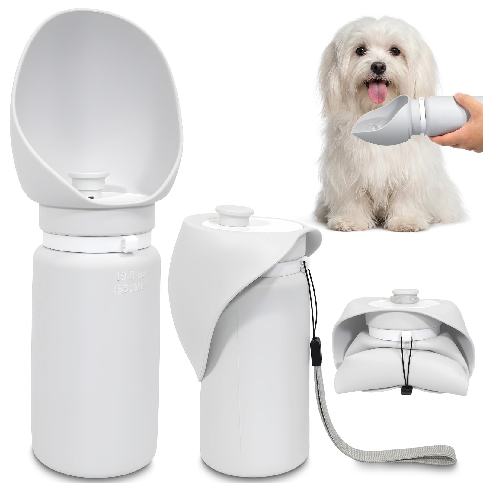 Borraccia pieghevole per cani, a prova di perdite, portatile, con ciotola integrata per cani, in silicone, leggera e pieghevole, per viaggi, passeggiate, campeggio (grigio)