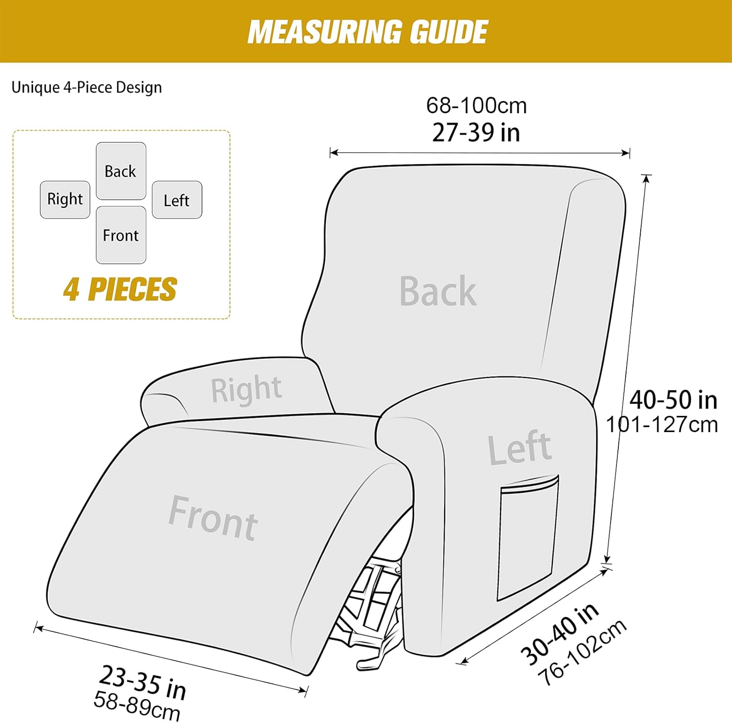 Stretch Recliner Chair Cover, 4 Piece Recliner Slipcover Anti-Slip Reclining Sofa Slipcover Soft Sofa Covers with Elastic Bottom Furniture Protector for Pets Kids Dog Cat