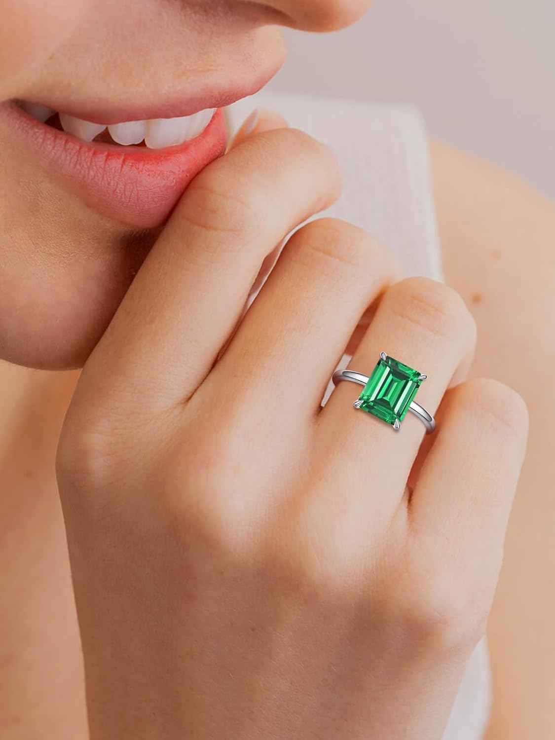 4ct 8x10mm Emerald-Cut Class Gemstone Birthstone Simulated Emerald Solitaire Engagement Rings for Women Gift for Mothers, Grandma Thanksgiving Day 14K Gold plated 925 Sterling Silver Size 5-10 - Image 6