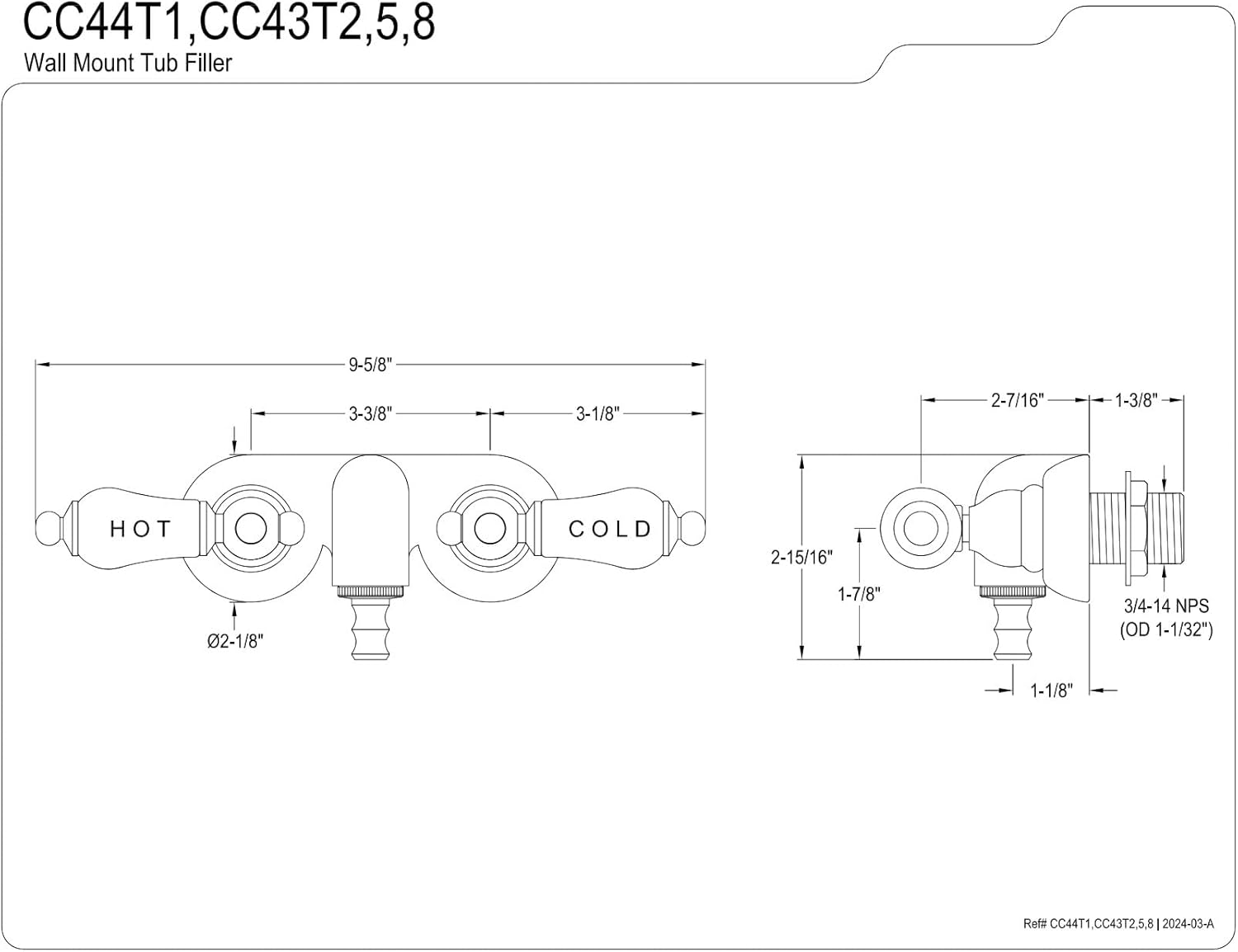 Kingston Brass CC43T5 Vintage 3-3/8-Inch Wall Mount Tub Faucet, Oil Rubbed Bronze