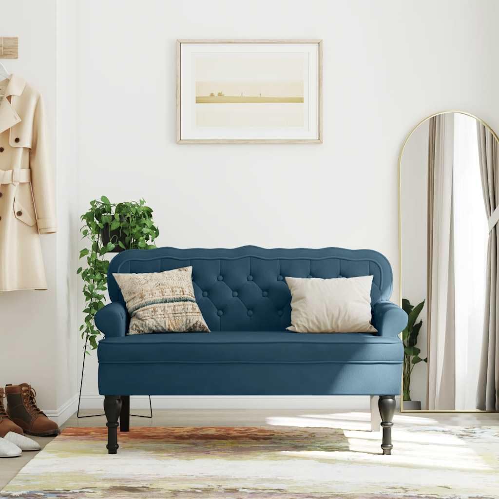 Banc rembourré en velours bleu et pieds en bois au design chic