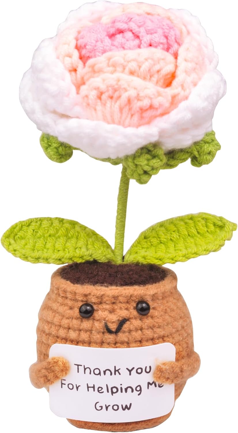 Mini Positive Crochet Rose Doll Gifts, Handmade Emotional Support Knit Toys with Card, Mothers Day, Christmas, Valentine's Day, Birthday Present Idea - Knitted Desk Decor