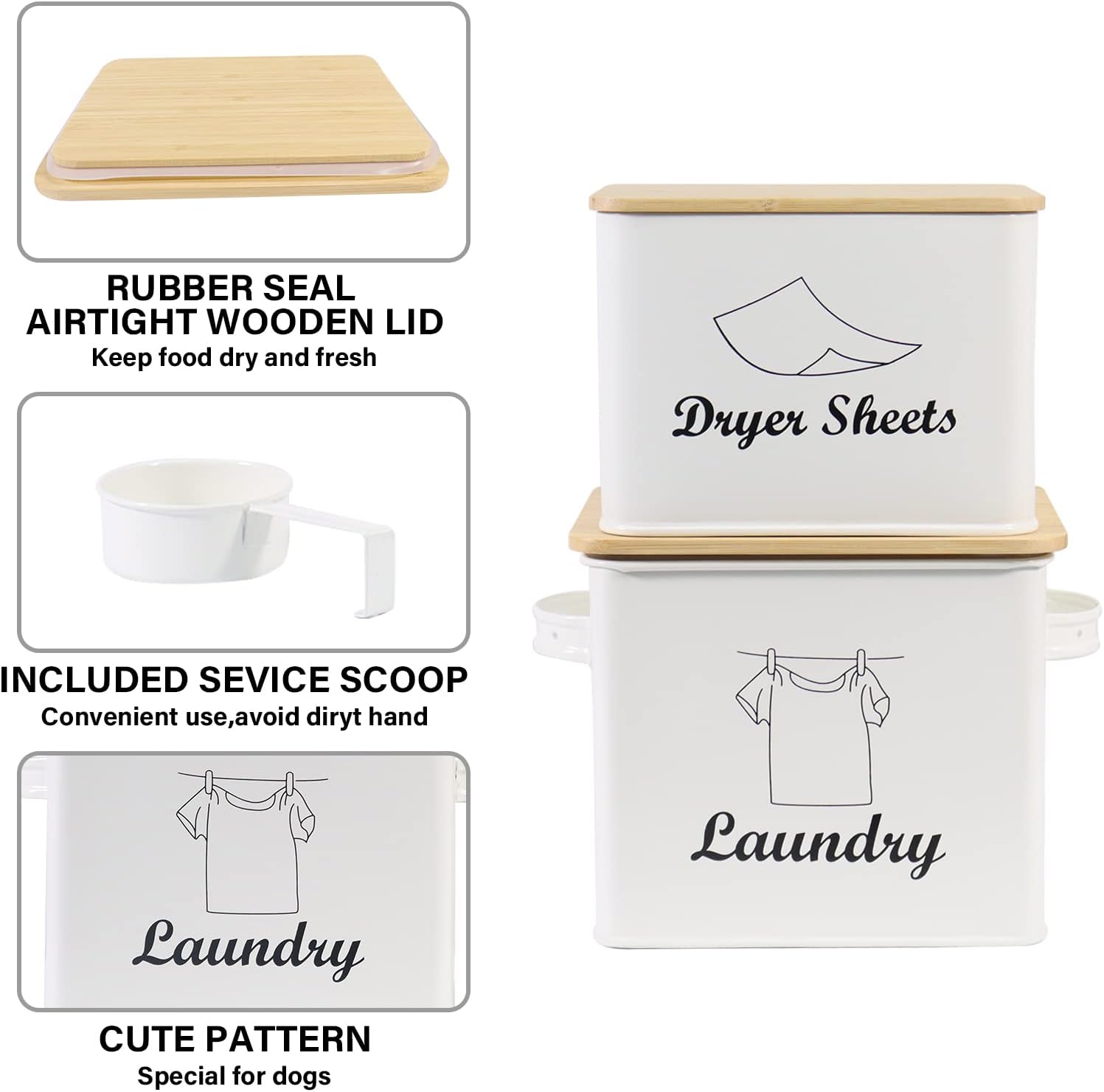 Set of Laundry Powder Bin & Dryer Sheets Holder, Laundry Detergent Powder Storage Box with Scoop, Wooden Lid & Handles, Metal Laundry Dryer Sheet Dispenser for Laundry Room Decor- Cream White