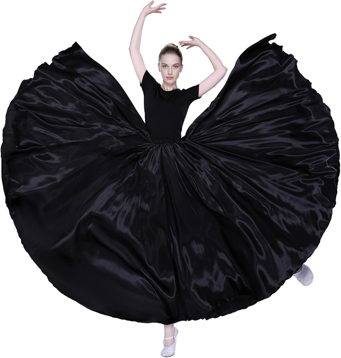 Women's Satin Folklorico Skirt, Elastic Waist Full Circle Ankle-Length Costume Skirt for Mexican Flamenco Dance