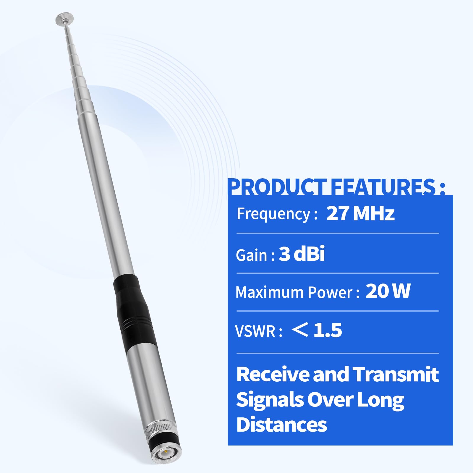 Superbat Antena CB Teleskopowa 27 MHz, BNC, 22,5-130 cm, Kompatybilna z Midland/Cobra/Uniden
