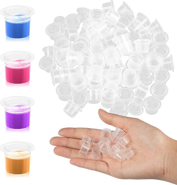 Greoer Tattoo Ink Cups, 100 Pieces Tattoo Ink Pots, Pigment Ink Caps, Ink Cups Disposable, Plastic Ink Containers for Ink Pigment Cups Small Size 8MM